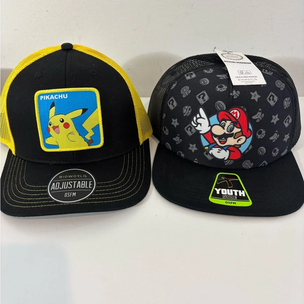 Bundle of 2 Youth Hats Pokémon Super Mario Brothers OSFM NWT NWOT Casual Boy